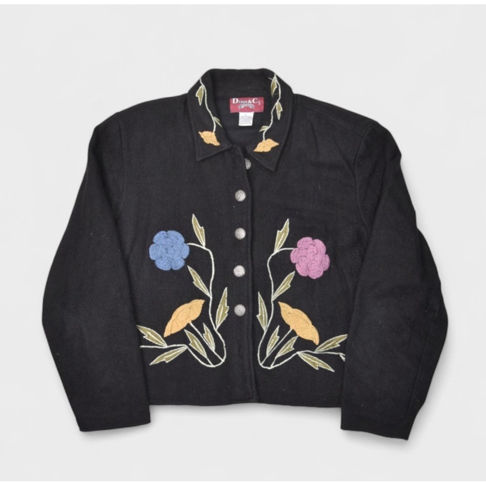 Denim & Co Jacket Womens Large Black Floral Embroidered Collared Boho Hippie